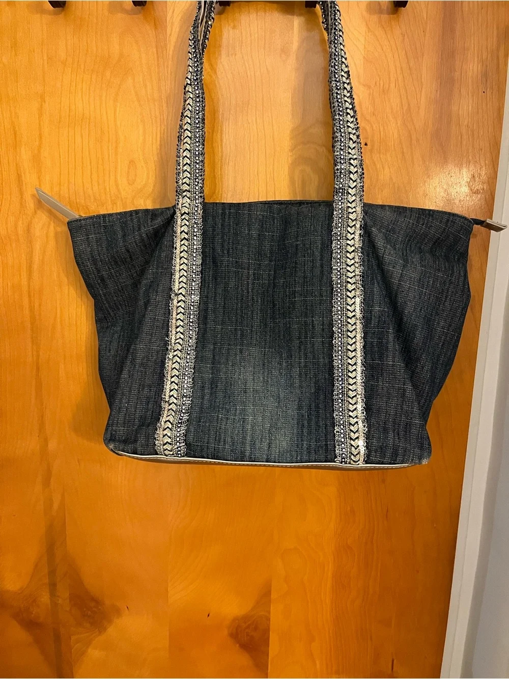 Denim Tote Bag with Braided Straps - Navy Blue